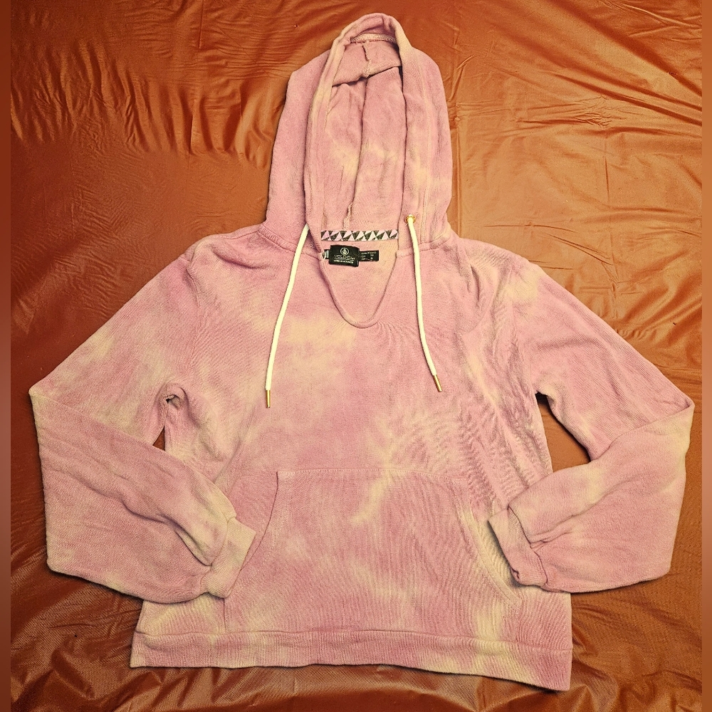 Volcom "Lived In Lounge" Cropped Hoodie  New szXS Pink Tie-Dye LtWt